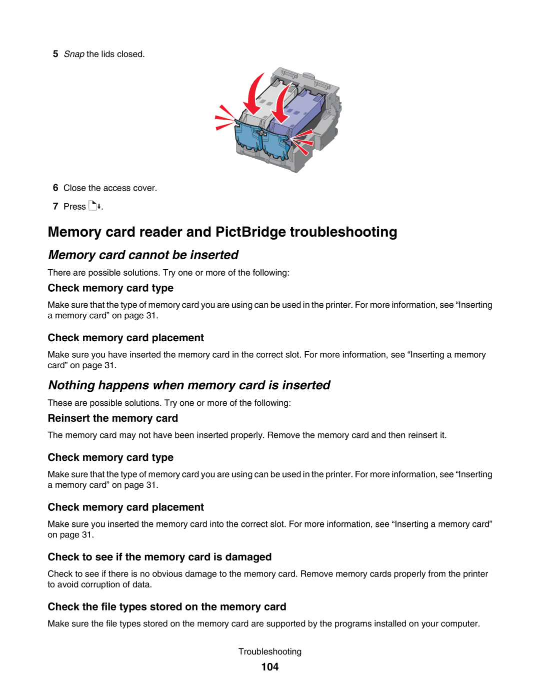 Lexmark 1500 manual Memory card reader and PictBridge troubleshooting, Memory card cannot be inserted 