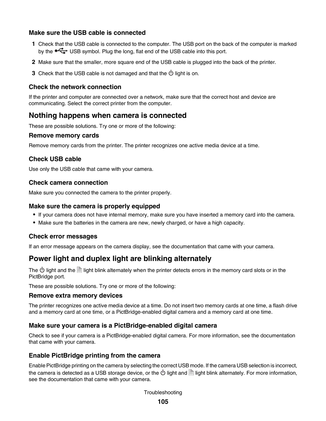 Lexmark 1500 manual Make sure the USB cable is connected, Check USB cable, Check camera connection, 105 