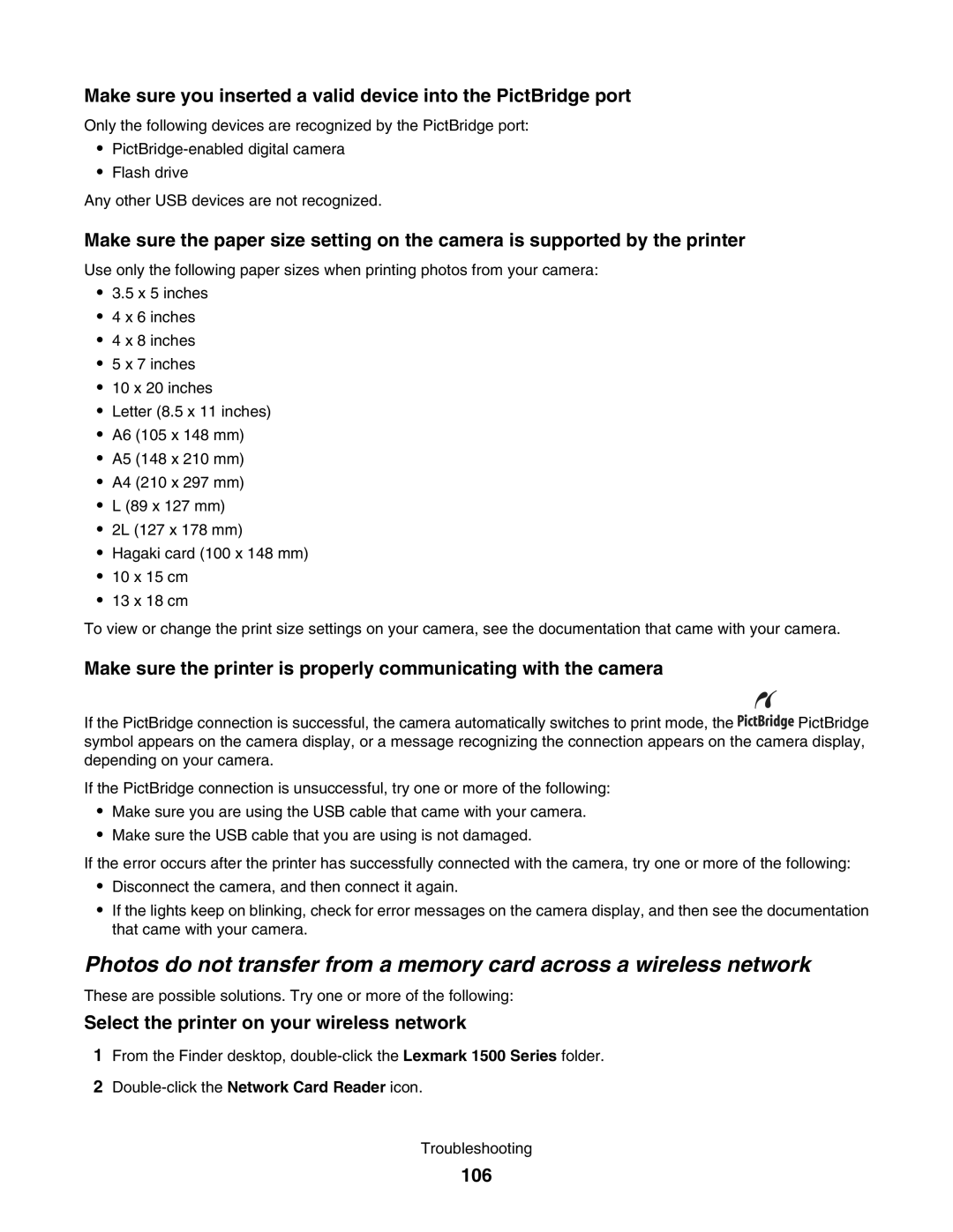 Lexmark 1500 manual Select the printer on your wireless network, 106 