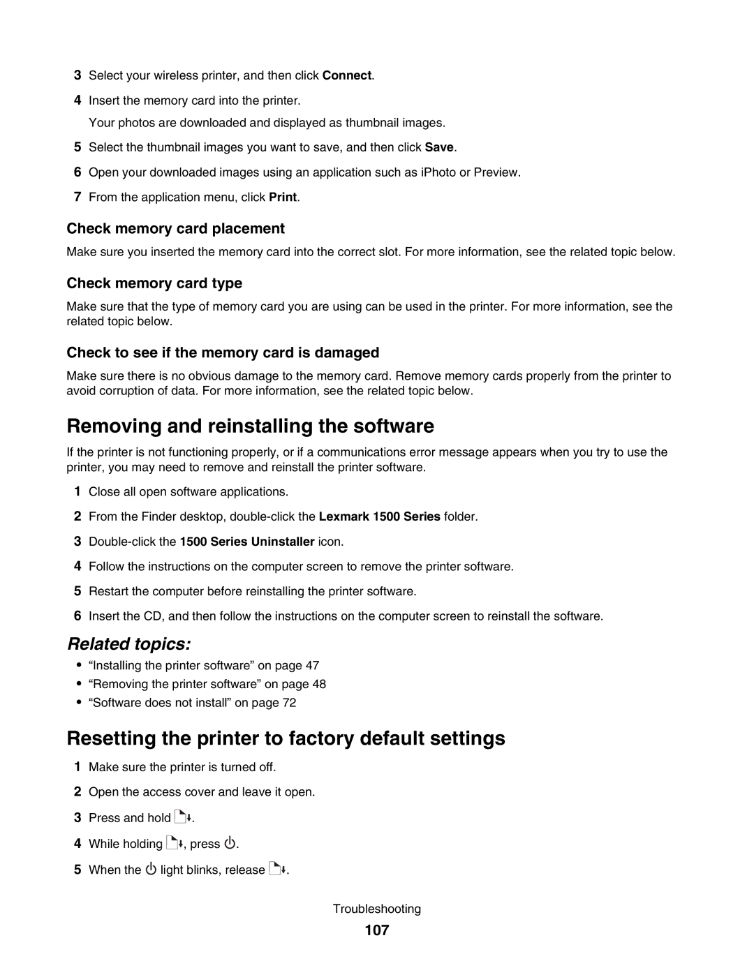 Lexmark 1500 manual Removing and reinstalling the software, Resetting the printer to factory default settings, 107 