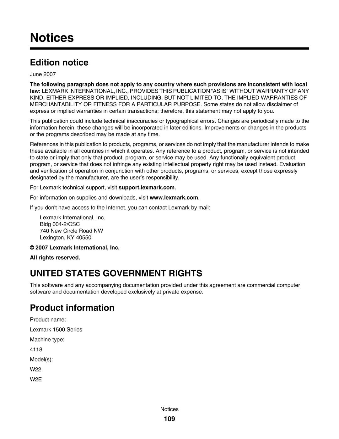 Lexmark 1500 manual Edition notice, Product information, 109, Lexmark International, Inc All rights reserved 