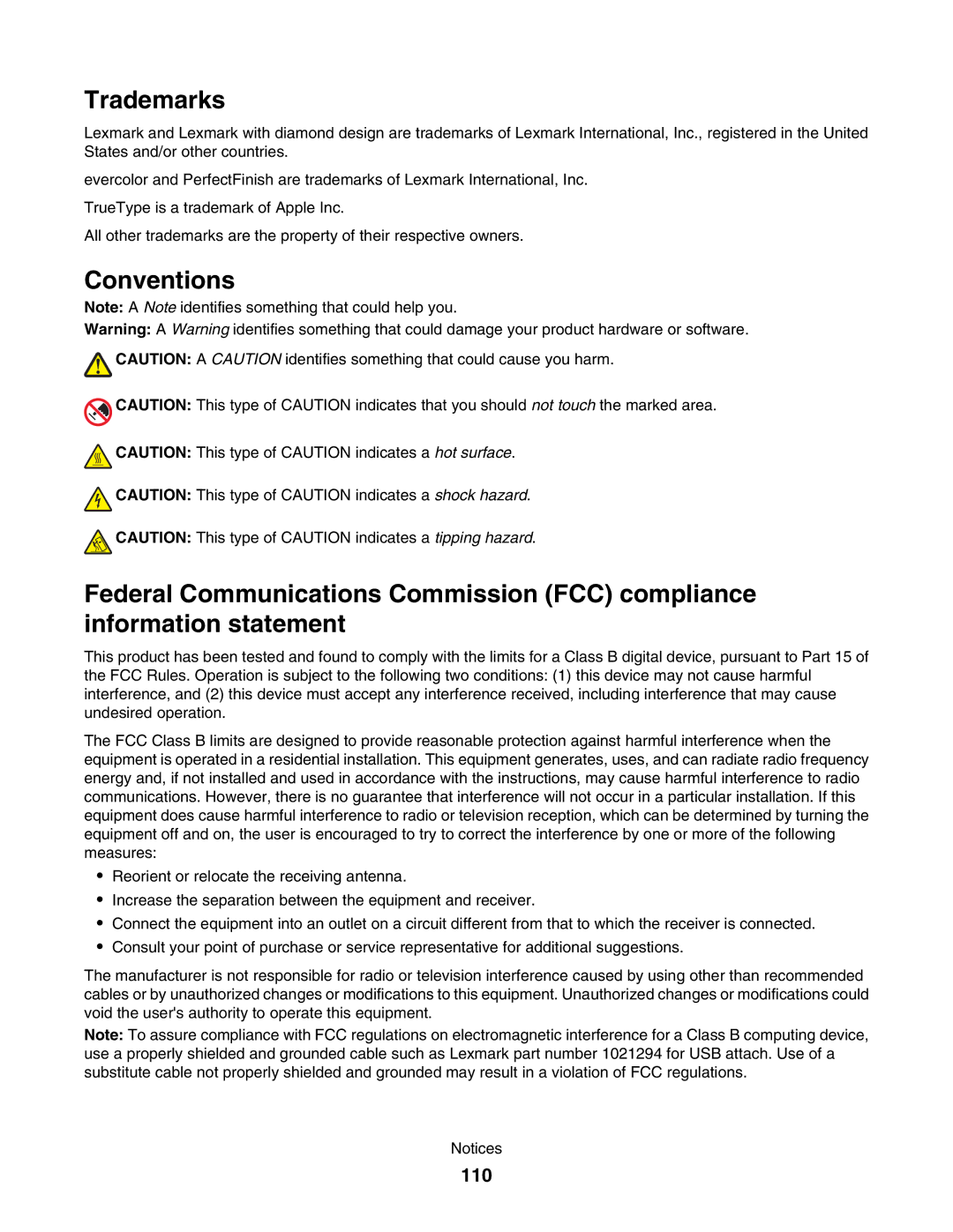 Lexmark 1500 manual Trademarks, 110 