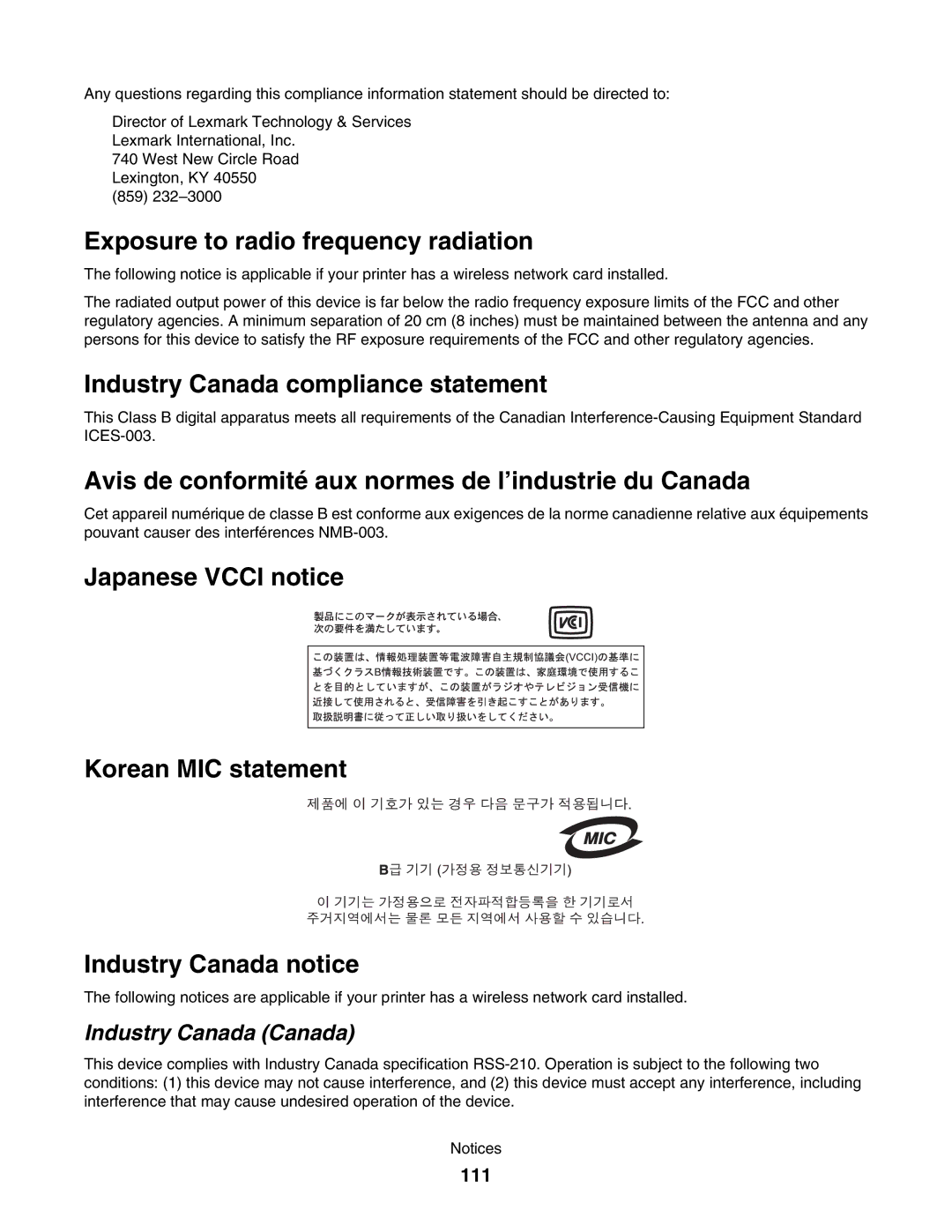 Lexmark 1500 Exposure to radio frequency radiation, Industry Canada compliance statement, Industry Canada Canada, 111 