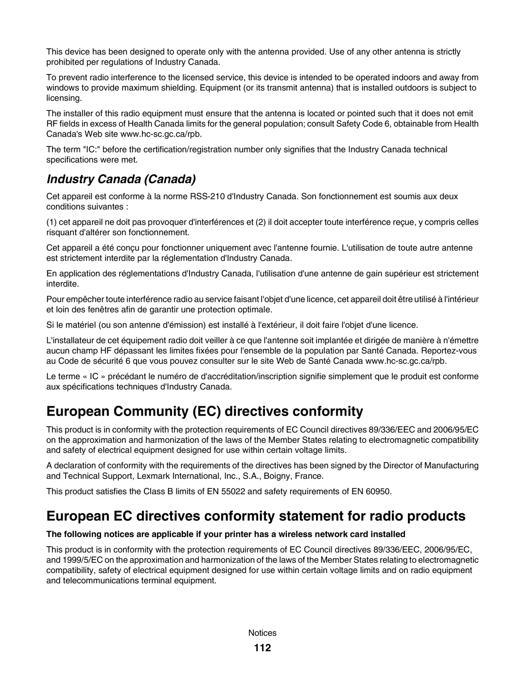 Lexmark 1500 manual European Community EC directives conformity, 112 