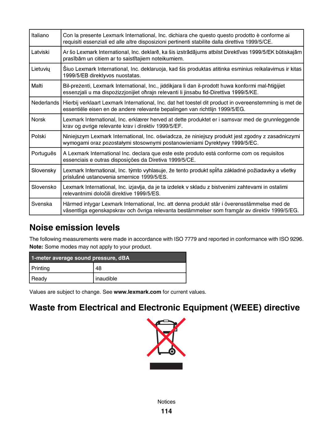 Lexmark 1500 manual Noise emission levels, 114 