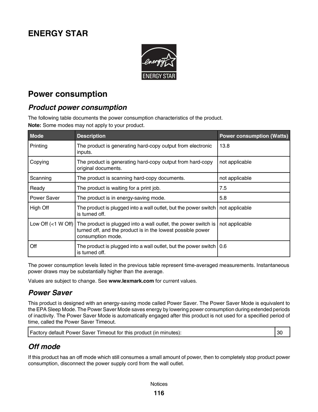 Lexmark 1500 manual Power consumption, Product power consumption, Power Saver, Off mode, 116 