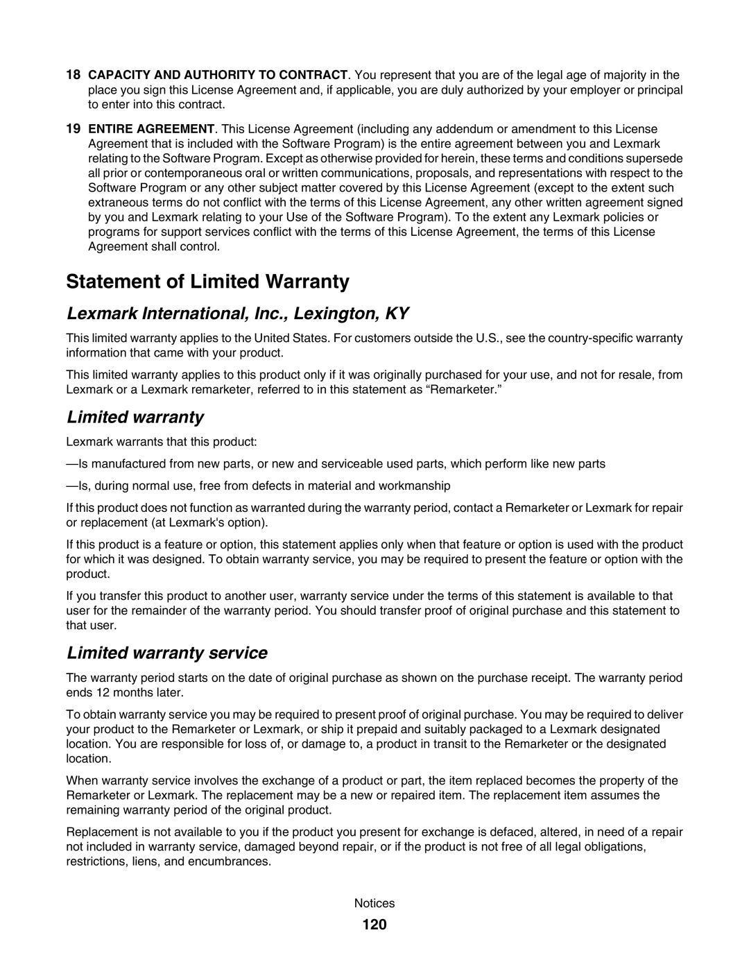 Lexmark 1500 manual Statement of Limited Warranty, Lexmark International, Inc., Lexington, KY, Limited warranty, 120 