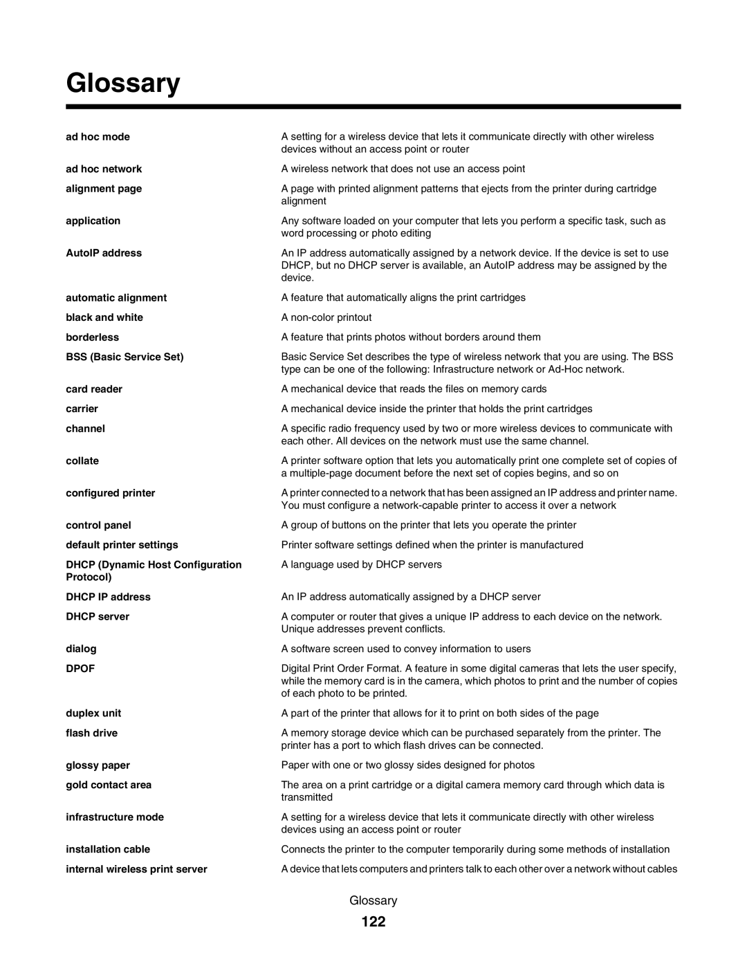 Lexmark 1500 manual Glossary, 122 