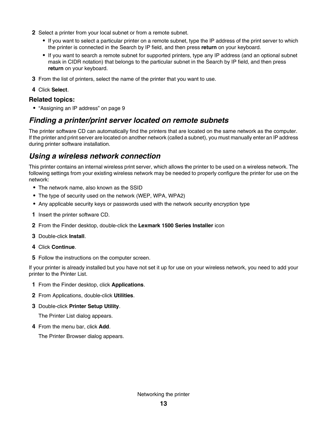 Lexmark 1500 Finding a printer/print server located on remote subnets, Using a wireless network connection, Click Continue 