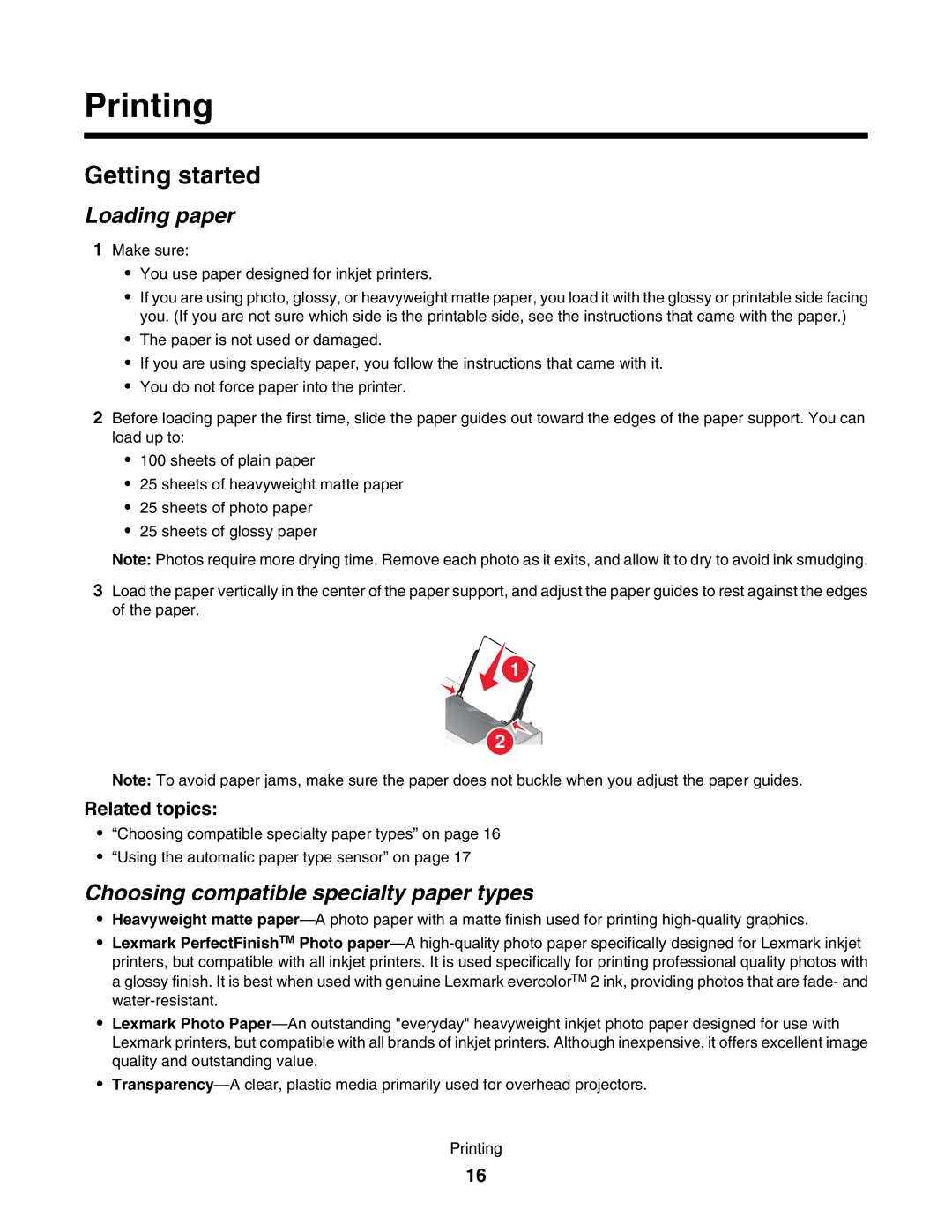 Lexmark 1500 manual Getting started, Loading paper, Choosing compatible specialty paper types 