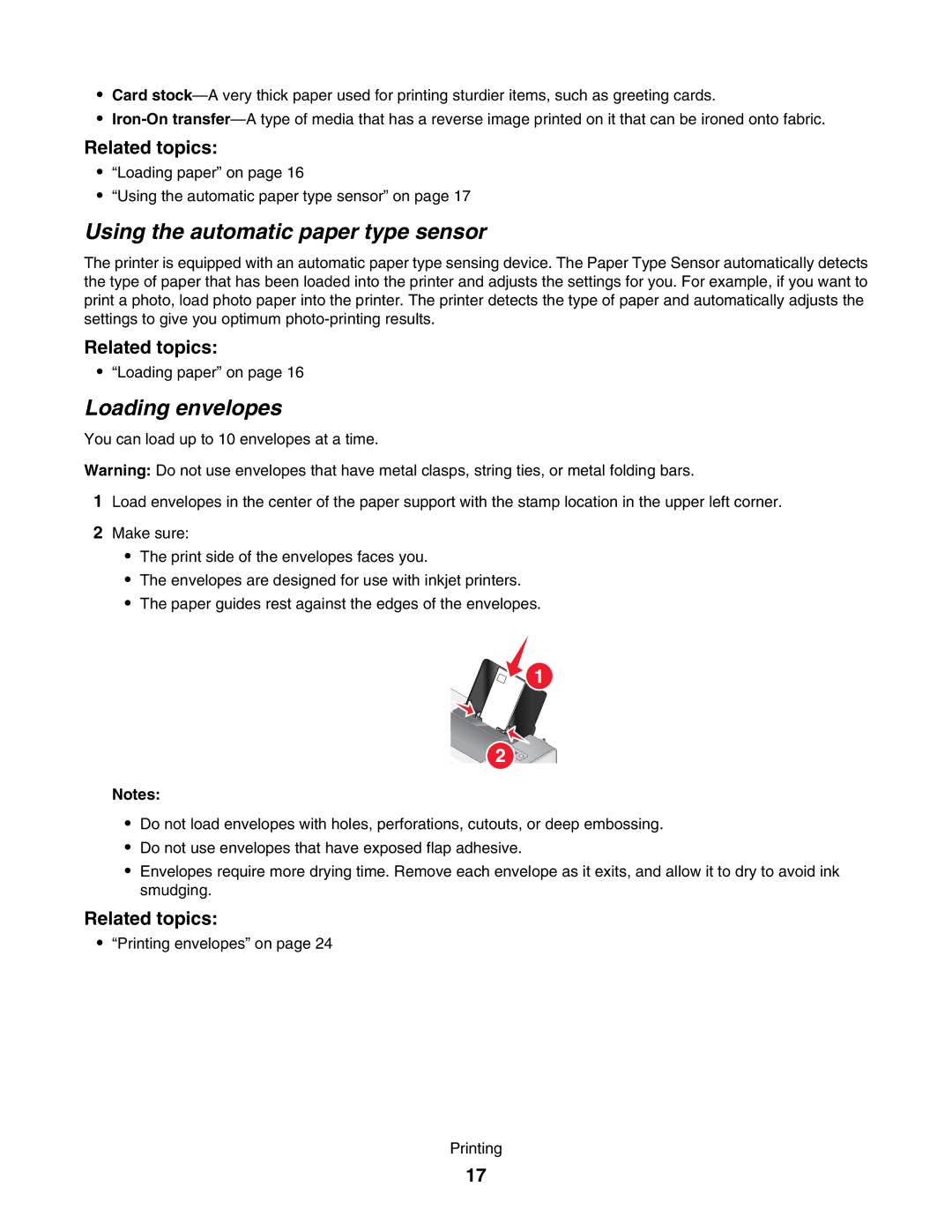 Lexmark 1500 manual Using the automatic paper type sensor, Loading envelopes 