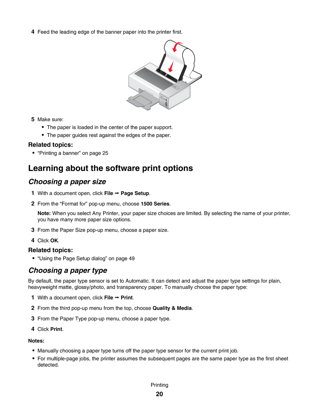 Lexmark 1500 manual Learning about the software print options, Choosing a paper size, Choosing a paper type 