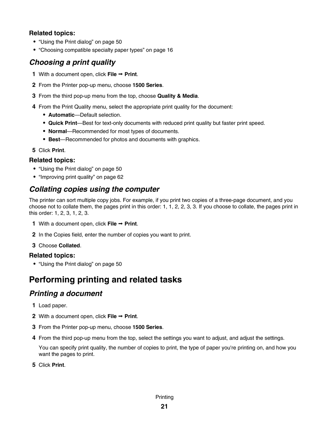 Lexmark 1500 manual Performing printing and related tasks, Choosing a print quality, Collating copies using the computer 