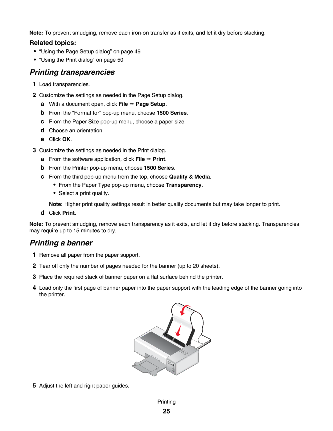 Lexmark 1500 manual Printing transparencies, Printing a banner 