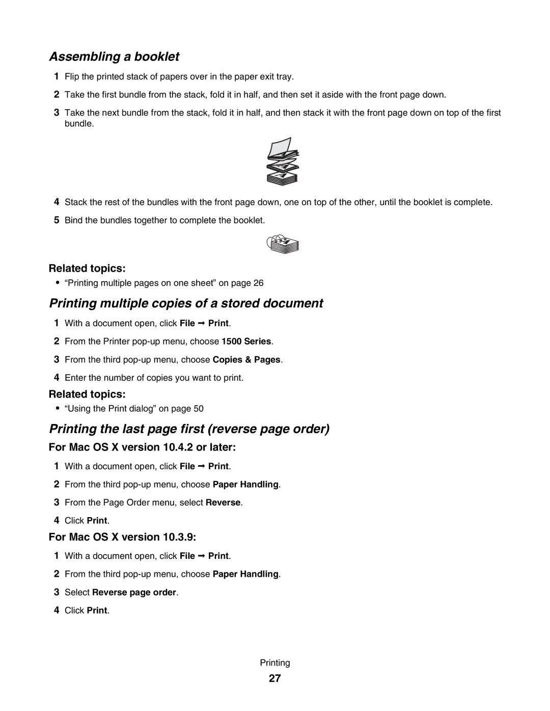 Lexmark 1500 Assembling a booklet, Printing multiple copies of a stored document, For Mac OS X version 10.4.2 or later 