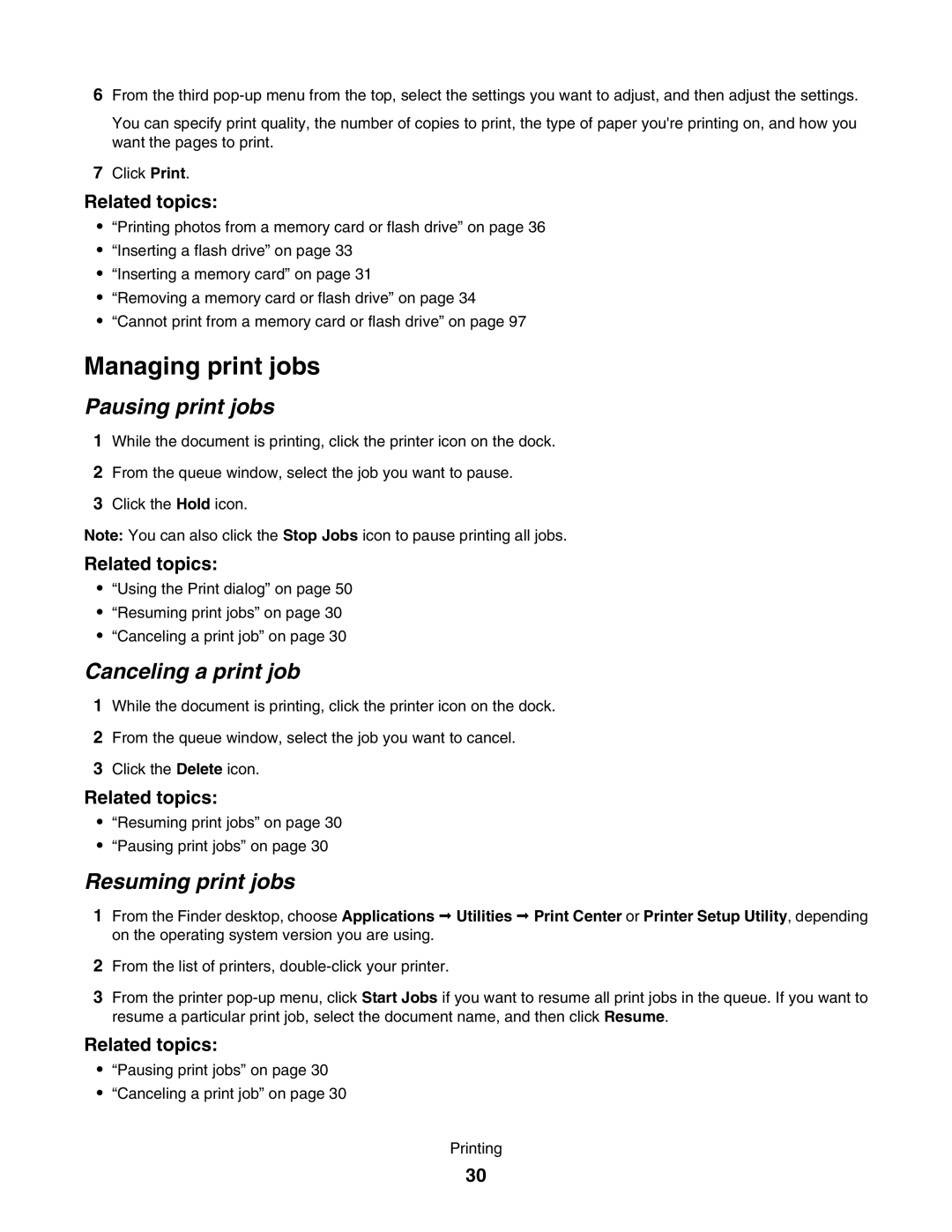 Lexmark 1500 manual Managing print jobs, Pausing print jobs, Canceling a print job, Resuming print jobs 