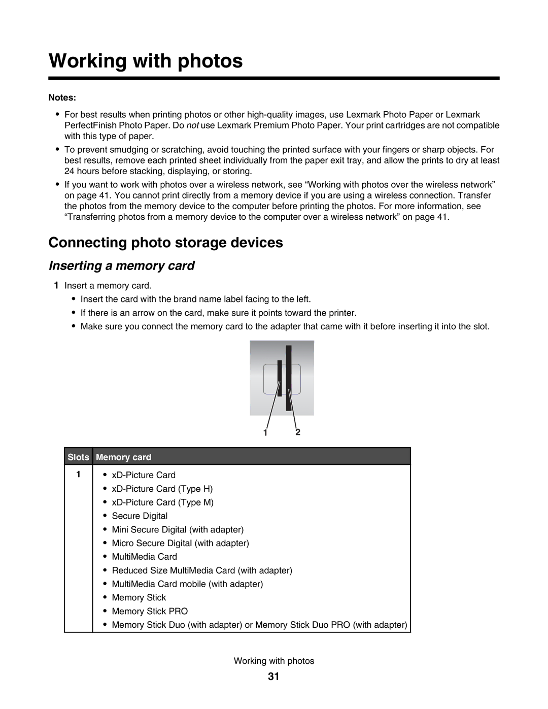 Lexmark 1500 manual Connecting photo storage devices, Inserting a memory card 