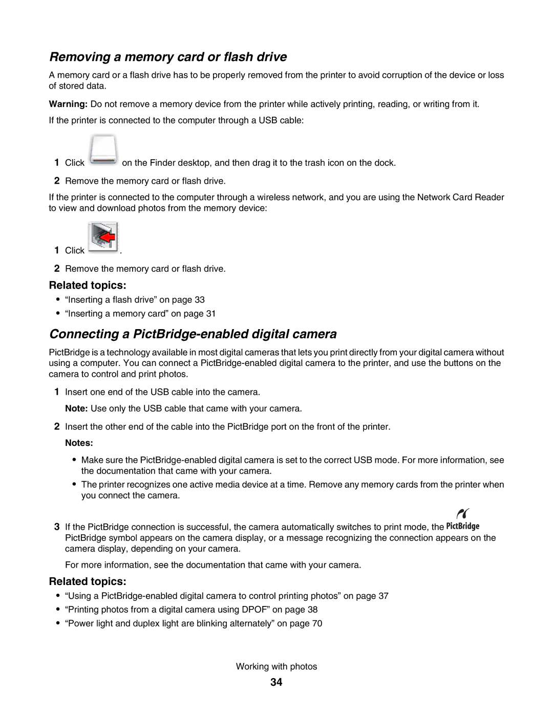 Lexmark 1500 manual Removing a memory card or flash drive, Connecting a PictBridge-enabled digital camera 