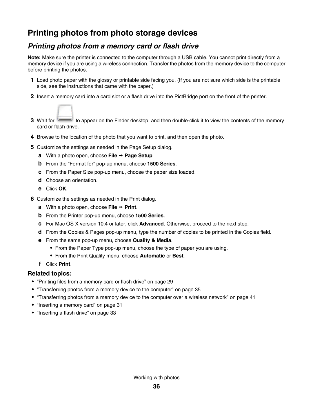 Lexmark 1500 manual Printing photos from photo storage devices, Printing photos from a memory card or flash drive 