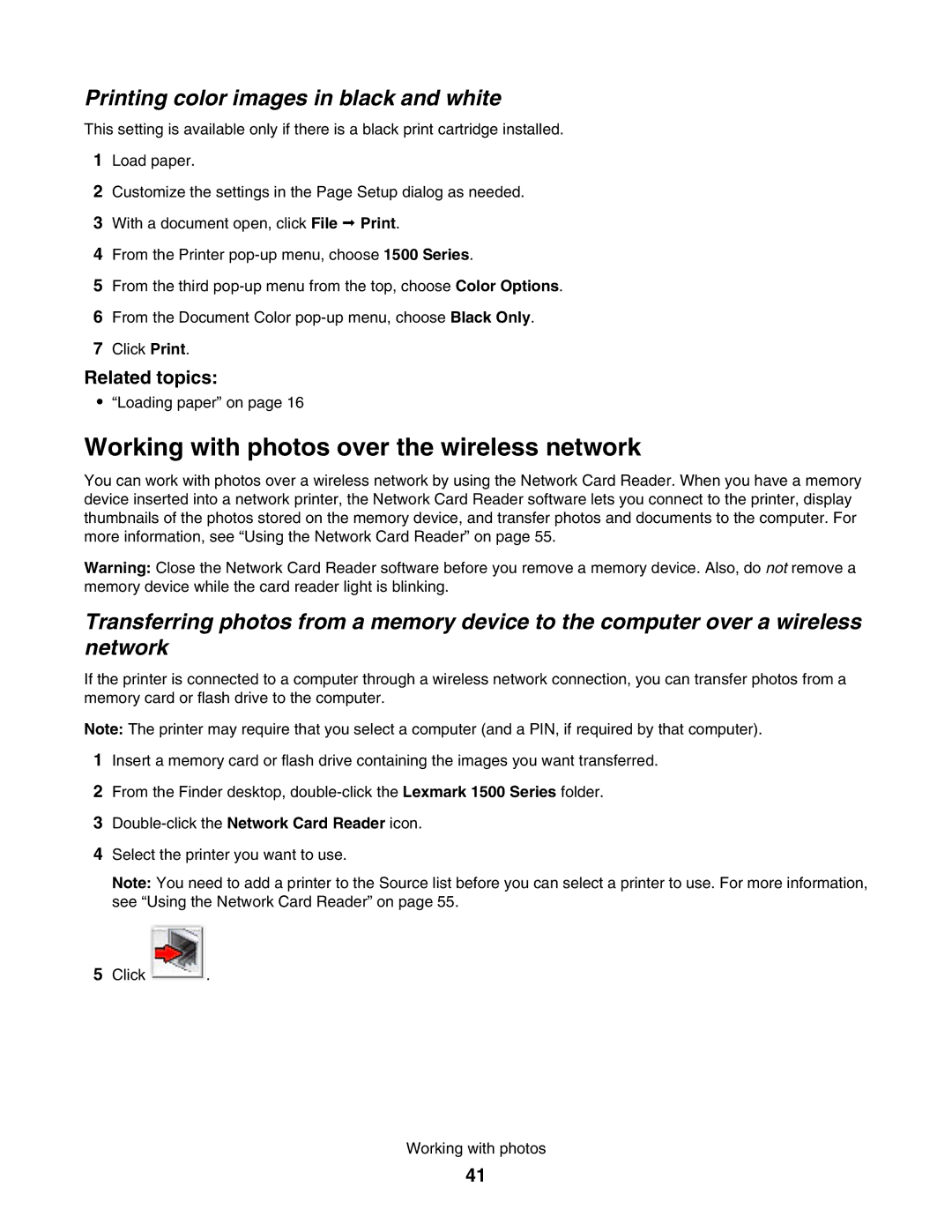 Lexmark 1500 manual Working with photos over the wireless network, Printing color images in black and white 