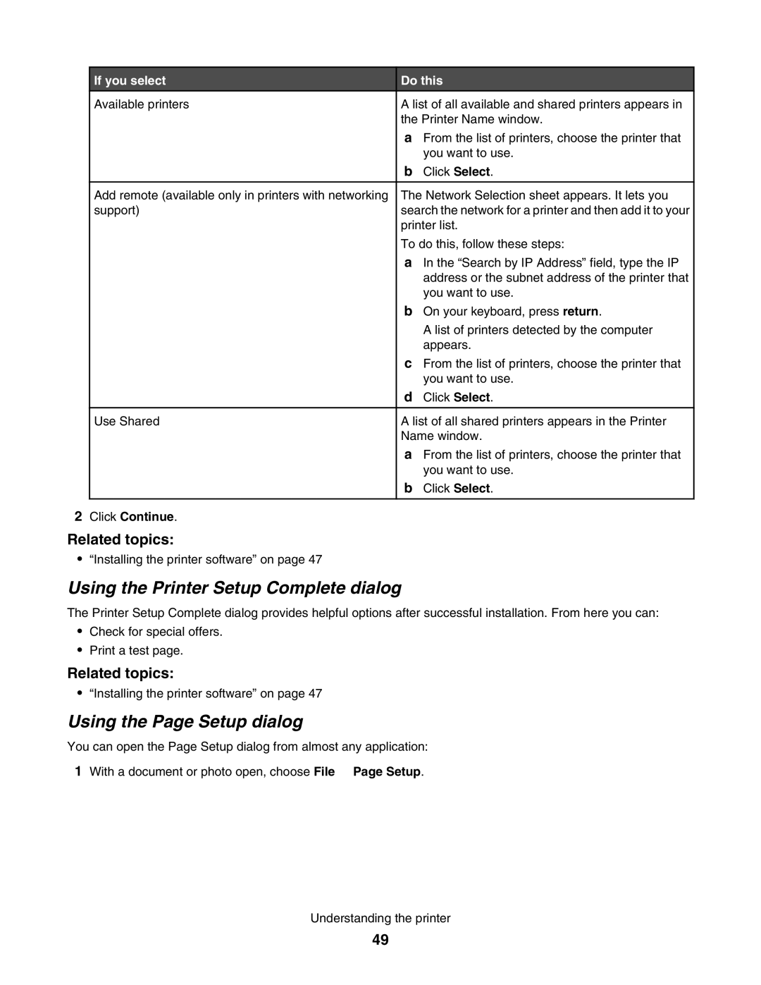 Lexmark 1500 manual Using the Printer Setup Complete dialog, Using the Page Setup dialog 