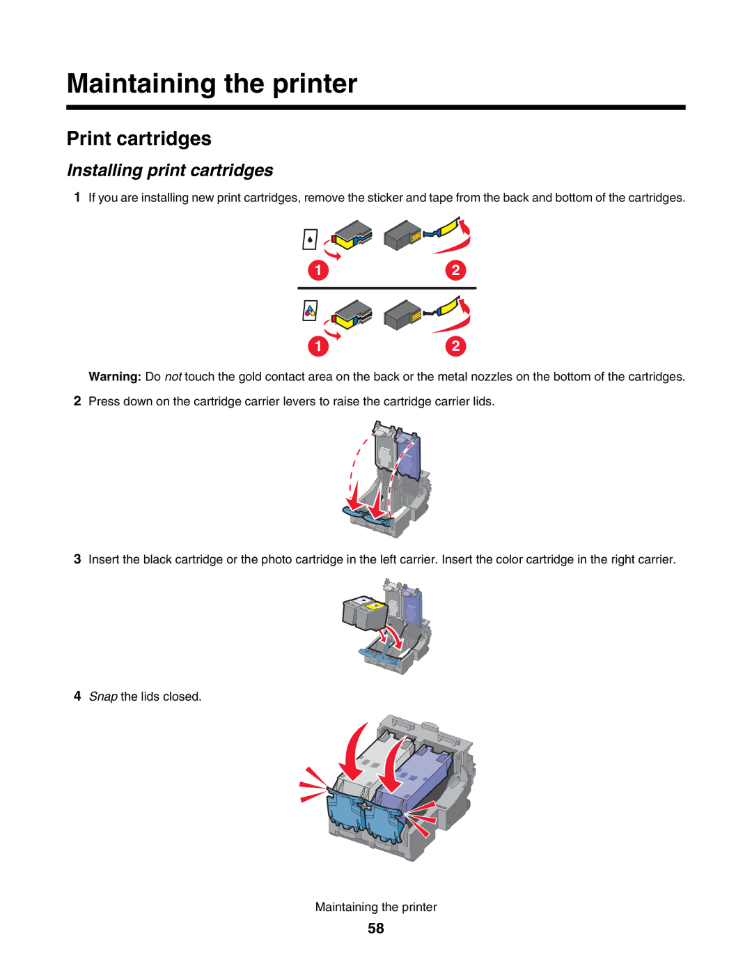 Lexmark 1500 manual Print cartridges, Installing print cartridges 