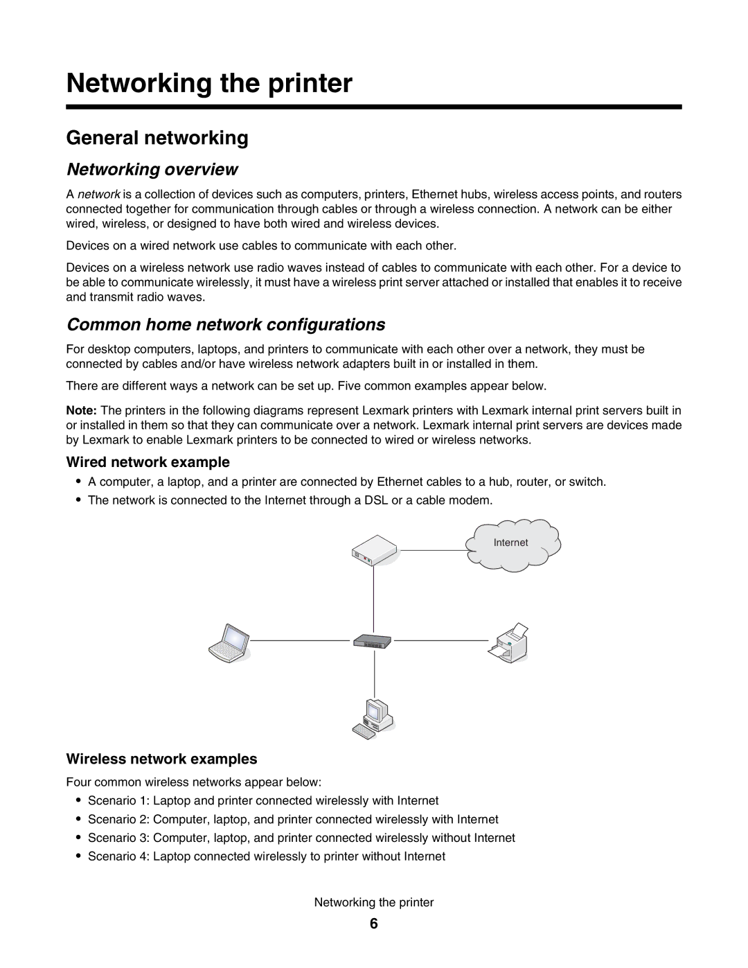 Lexmark 1500 manual General networking, Networking overview, Common home network configurations, Wired network example 