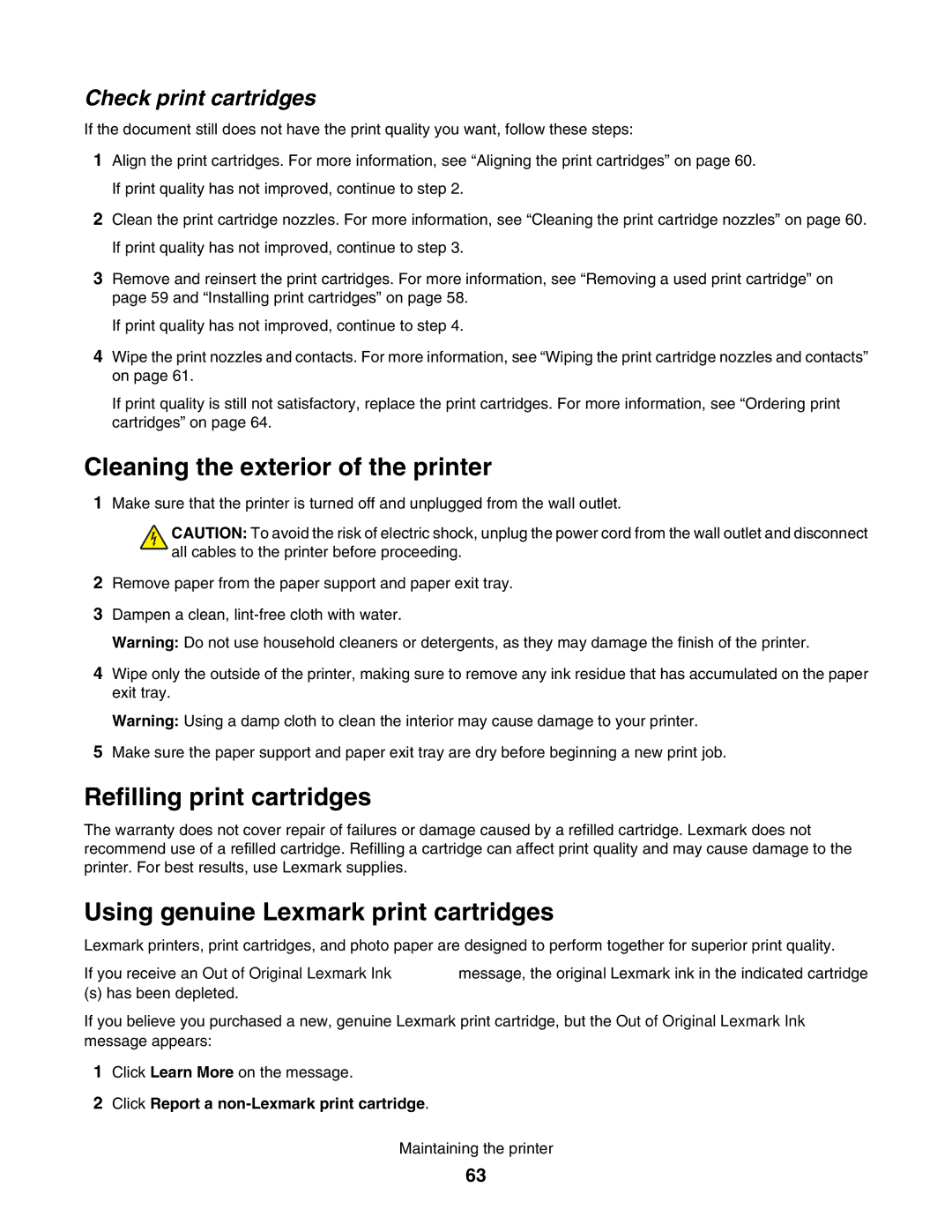 Lexmark 1500 Cleaning the exterior of the printer, Refilling print cartridges, Using genuine Lexmark print cartridges 