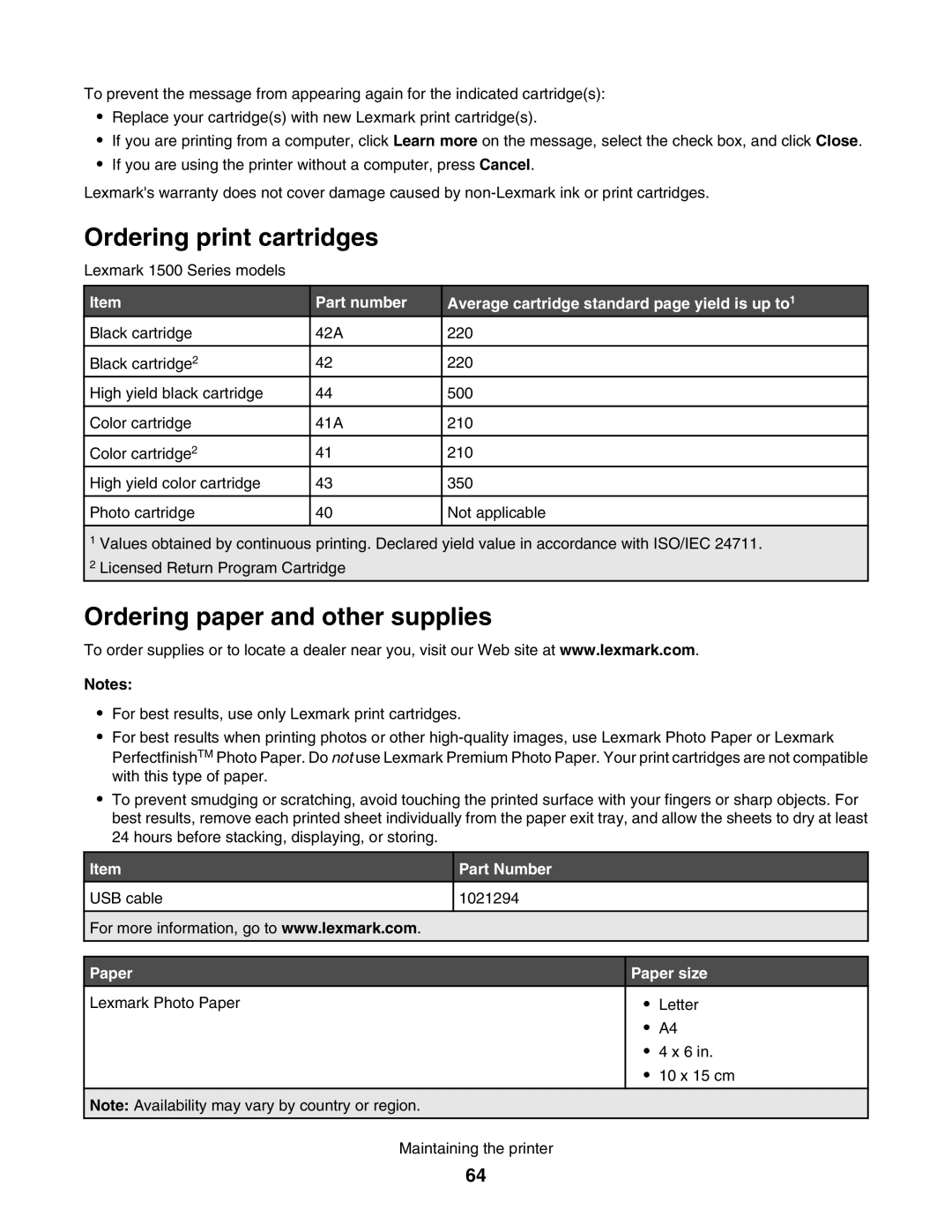 Lexmark 1500 manual Ordering print cartridges, Ordering paper and other supplies 