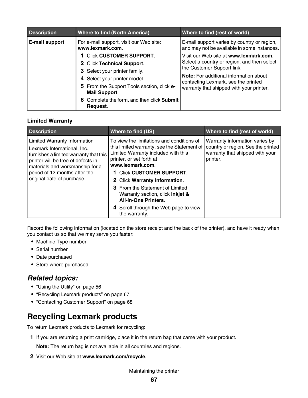 Lexmark 1500 manual Recycling Lexmark products, Related topics 