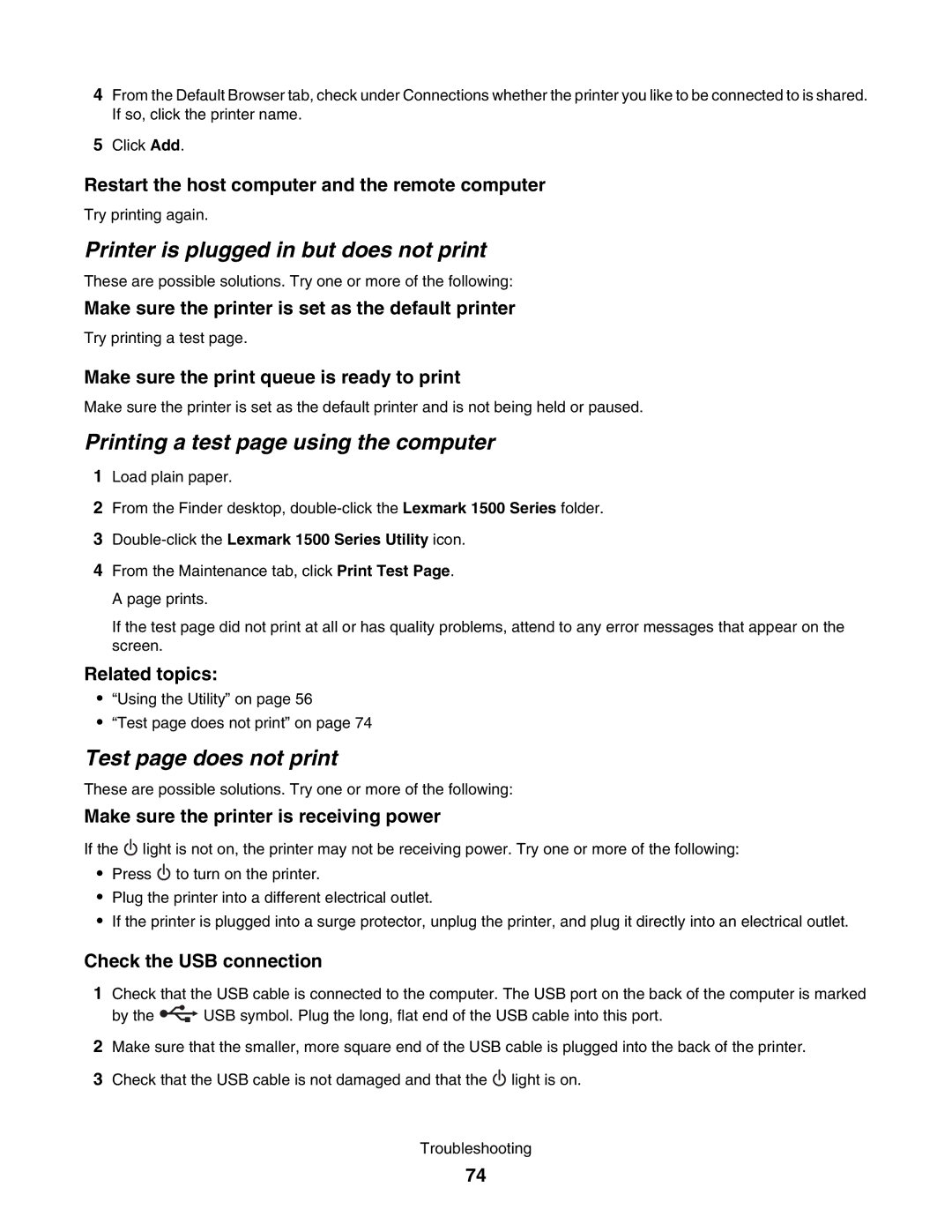 Lexmark 1500 Printer is plugged in but does not print, Printing a test page using the computer, Test page does not print 