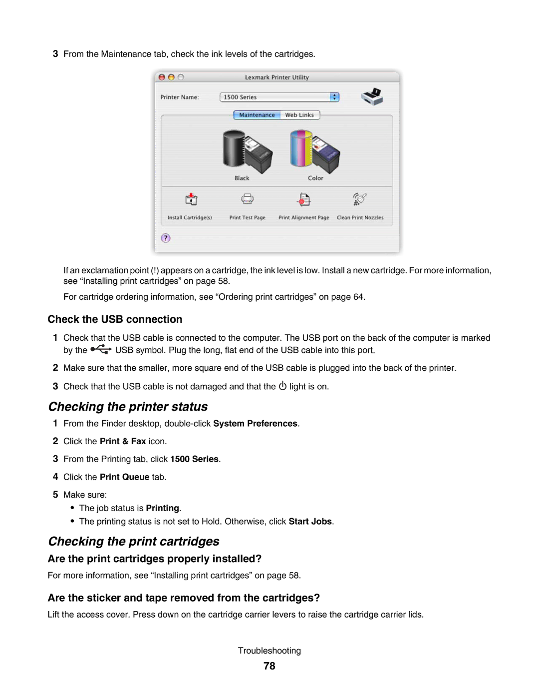 Lexmark 1500 Checking the printer status, Checking the print cartridges, Are the print cartridges properly installed? 