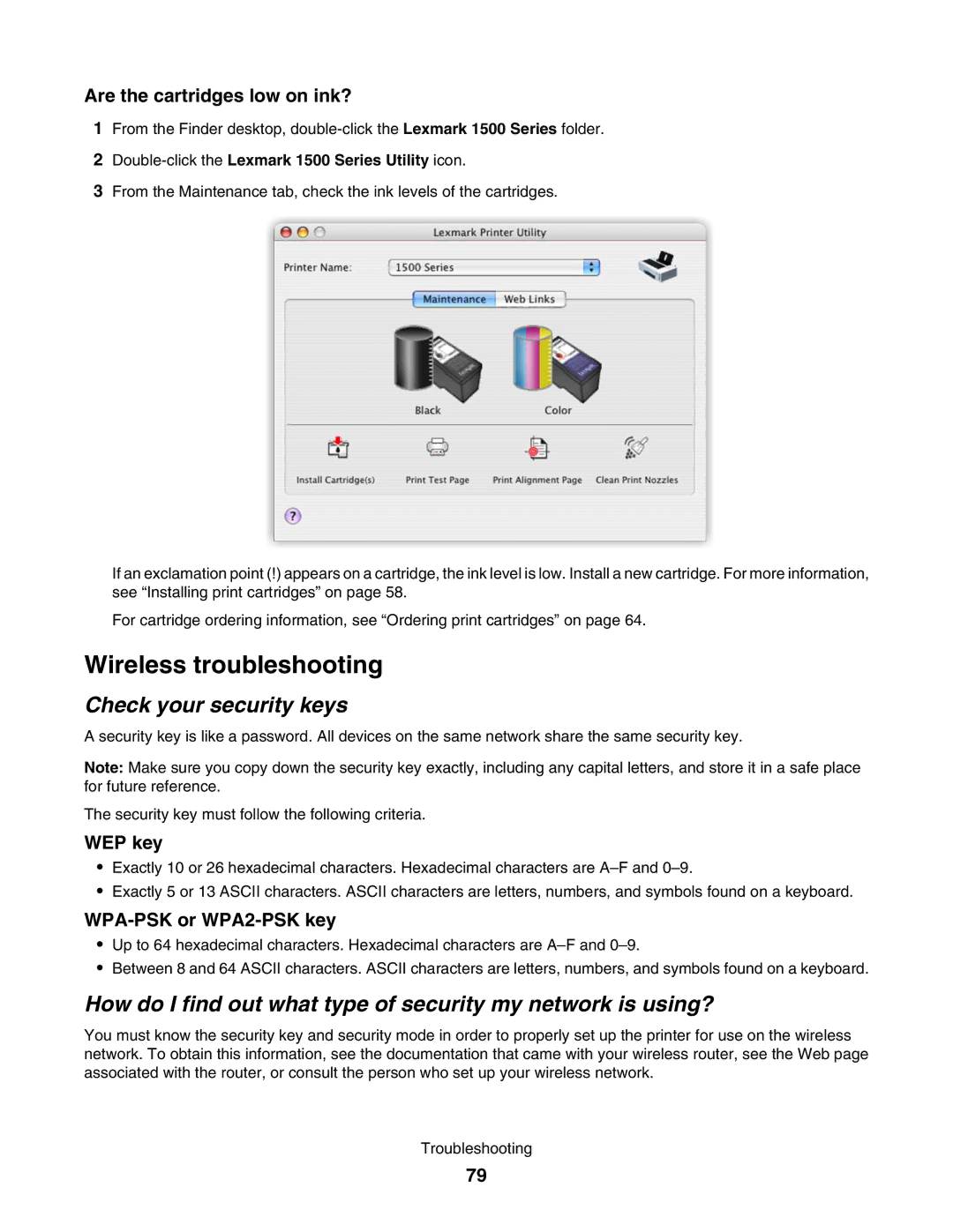 Lexmark 1500 manual Wireless troubleshooting, Check your security keys, Are the cartridges low on ink? 