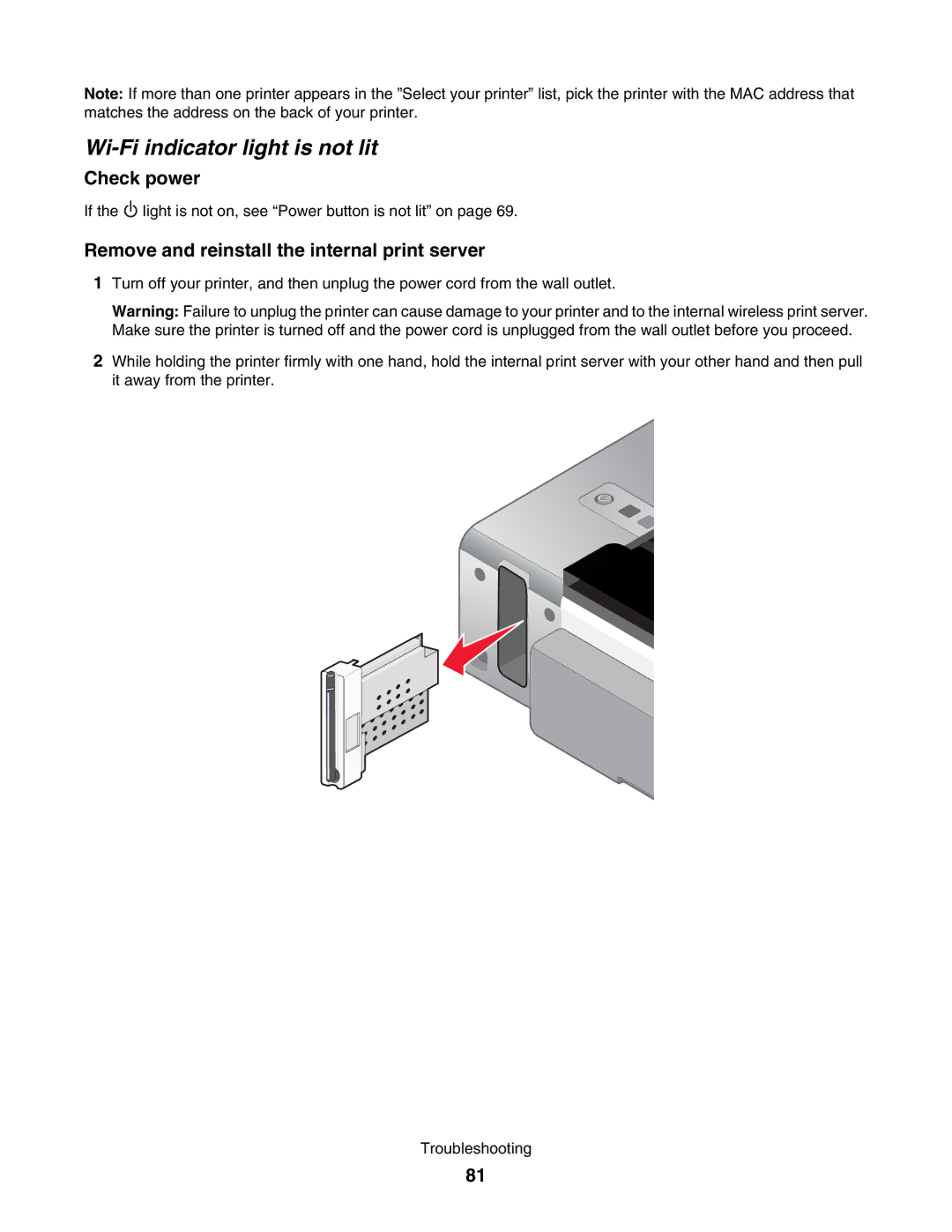 Lexmark 1500 manual Wi-Fi indicator light is not lit, Remove and reinstall the internal print server 