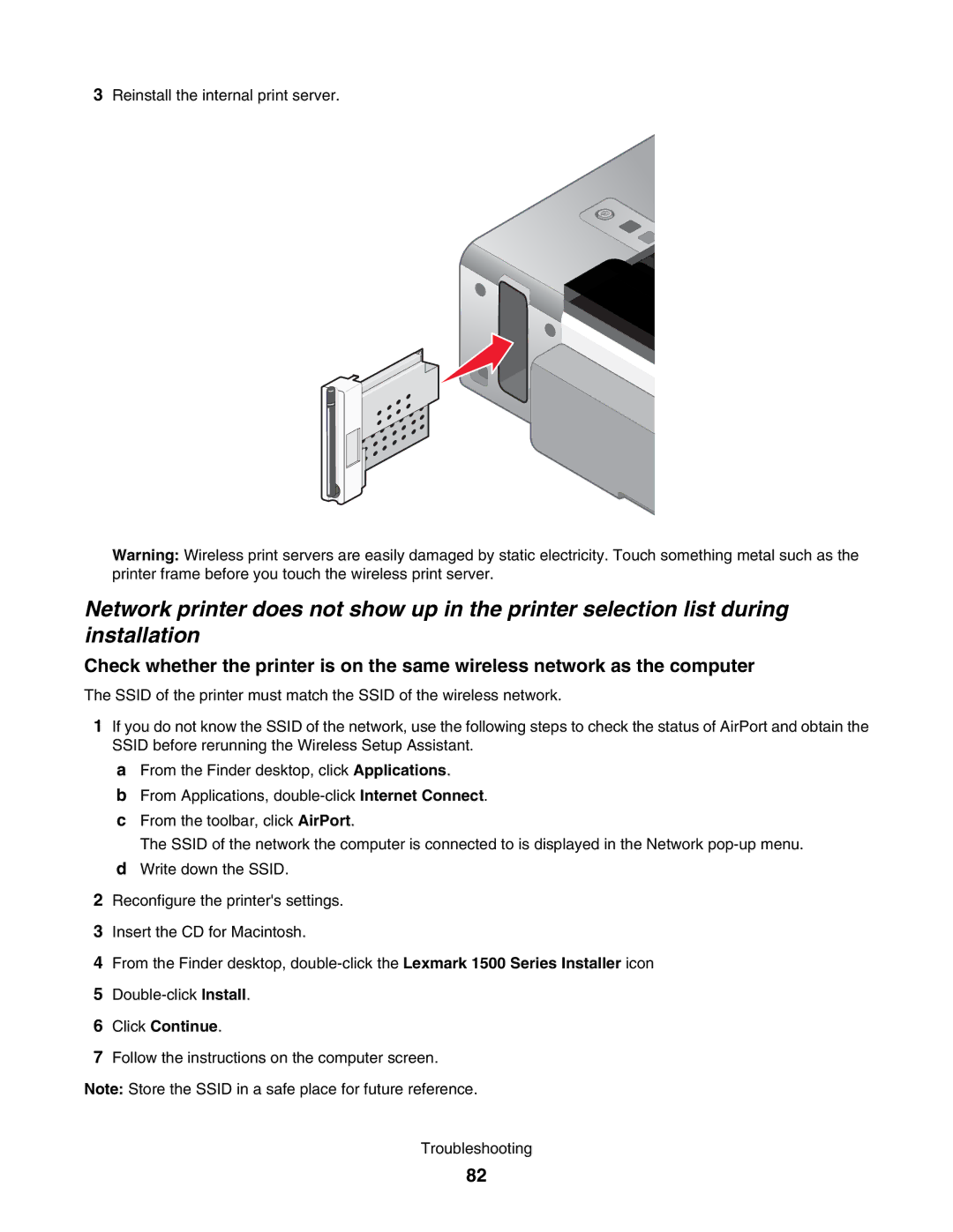 Lexmark 1500 manual Reinstall the internal print server 