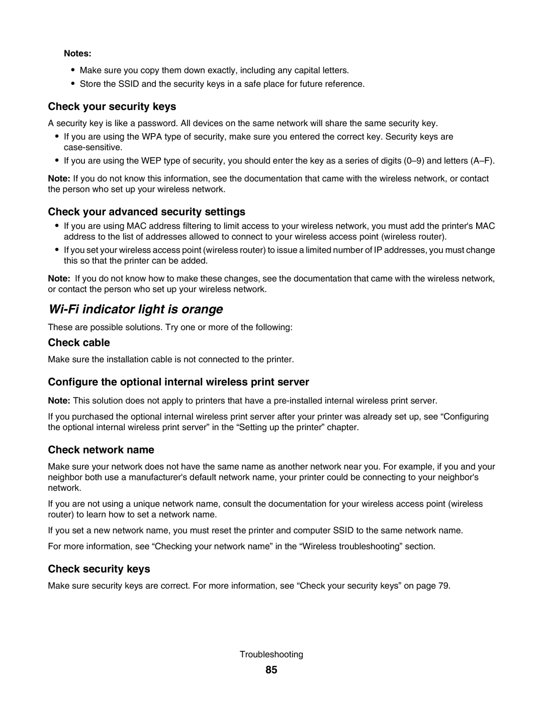 Lexmark 1500 manual Wi-Fi indicator light is orange, Check your security keys, Check your advanced security settings 