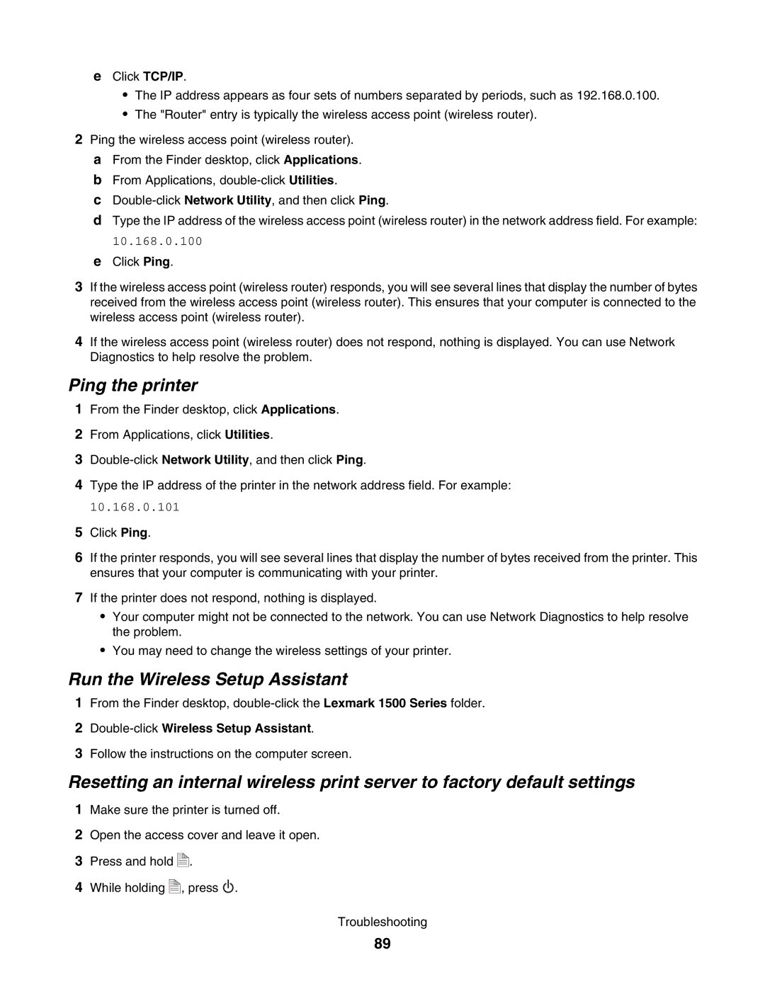 Lexmark 1500 manual Ping the printer, Run the Wireless Setup Assistant 