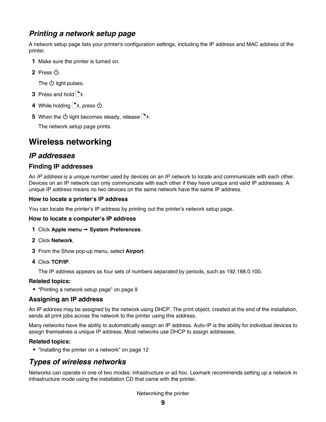 Lexmark 1500 manual Wireless networking, Printing a network setup, IP addresses, Types of wireless networks 