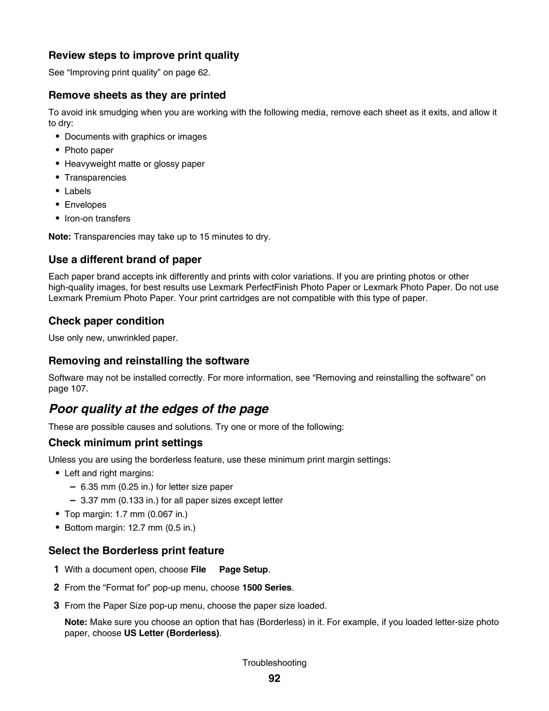 Lexmark 1500 manual Poor quality at the edges 