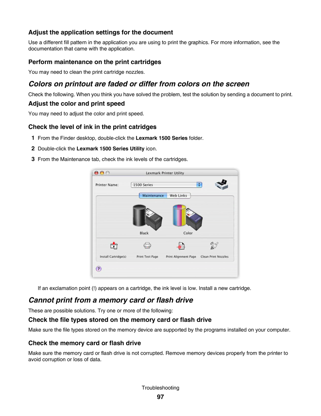 Lexmark 1500 manual Cannot print from a memory card or flash drive, Perform maintenance on the print cartridges 