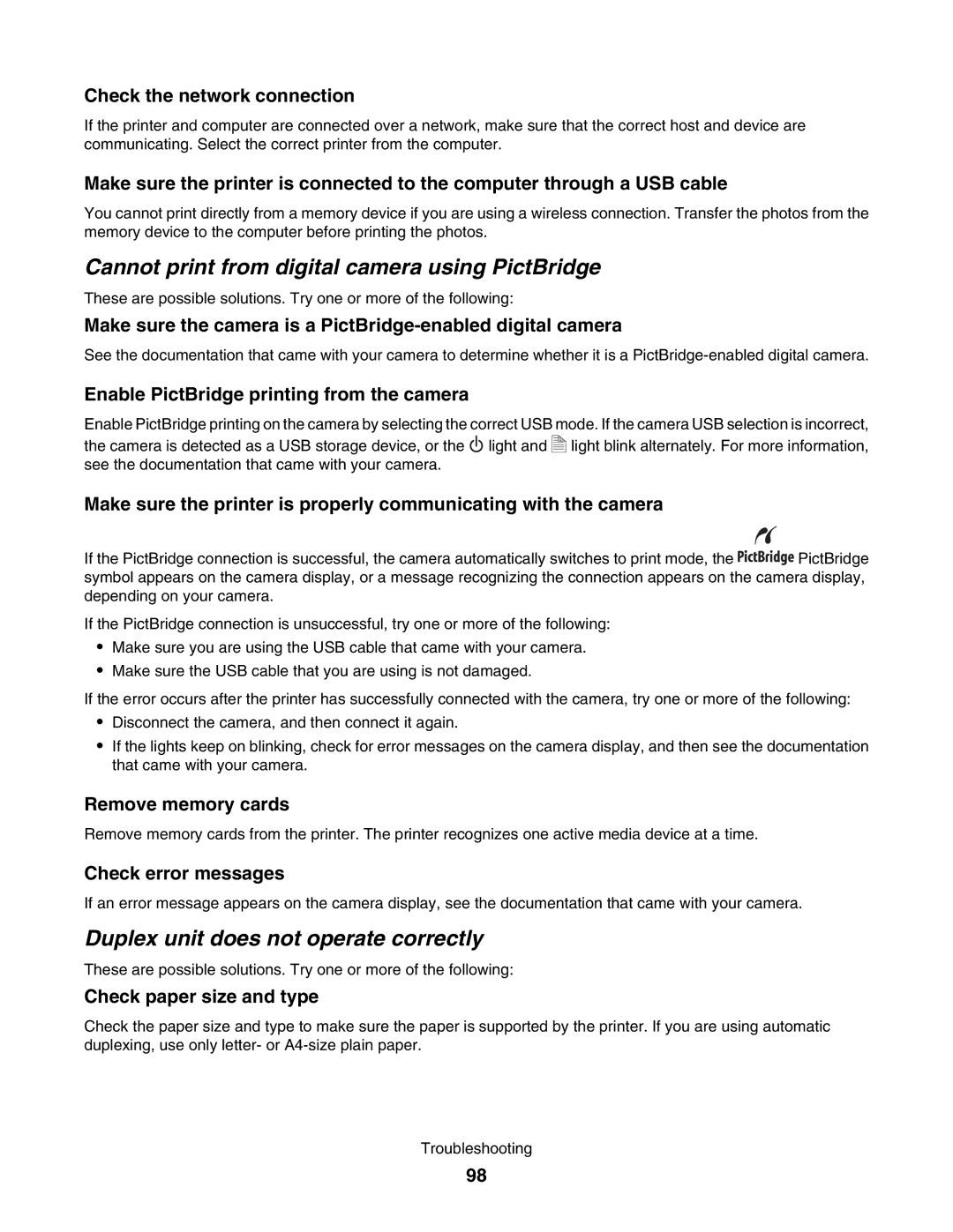 Lexmark 1500 manual Cannot print from digital camera using PictBridge, Duplex unit does not operate correctly 