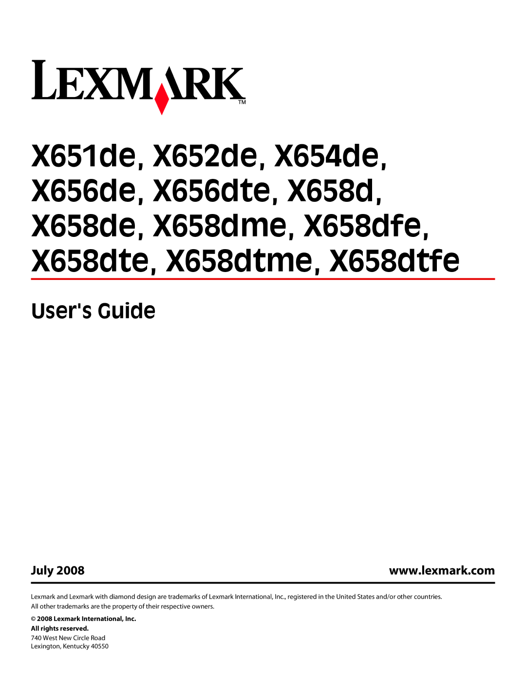 Lexmark 16M1985, 16M1994, 90T7250, X658dtfe, X658dtme, X658dfe, X658dme, X656dte, X656de, X652de manual Users Guide, July 