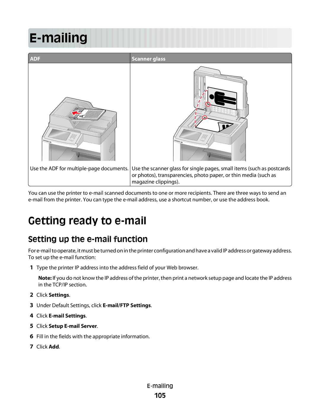 Lexmark X652de, 16M1994, 16M1985, 90T7250, X658d, X656de Mailing, Getting ready to e-mail, Setting up the e-mail function, 105 