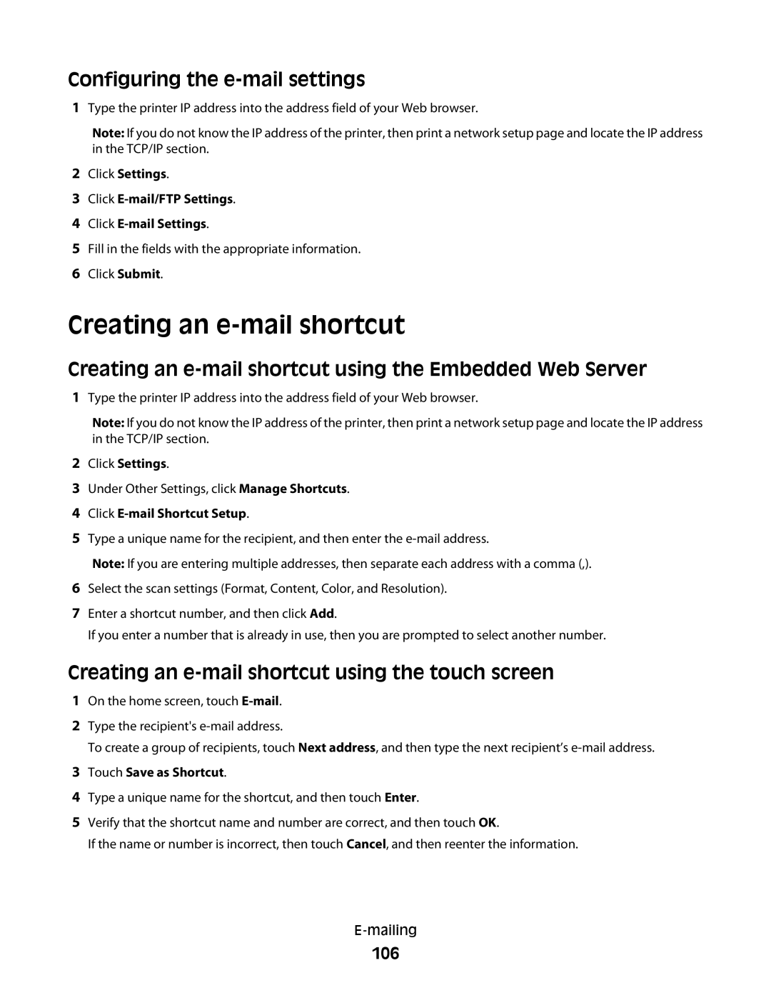 Lexmark X654de, 16M1994, 16M1985, 90T7250, X658dtfe manual Creating an e-mail shortcut, Configuring the e-mail settings, 106 