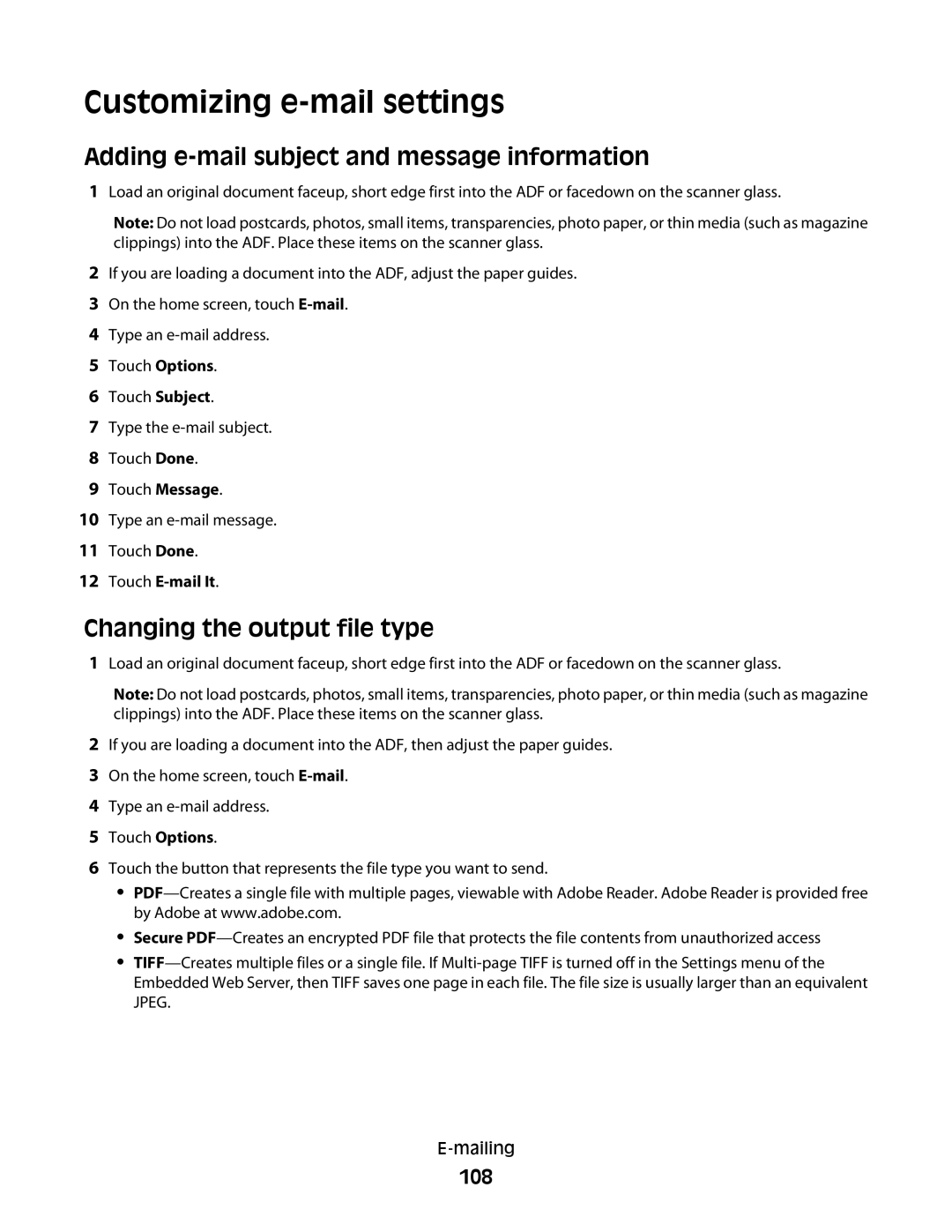 Lexmark 16M1784 Customizing e-mail settings, Adding e-mail subject and message information, Changing the output file type 