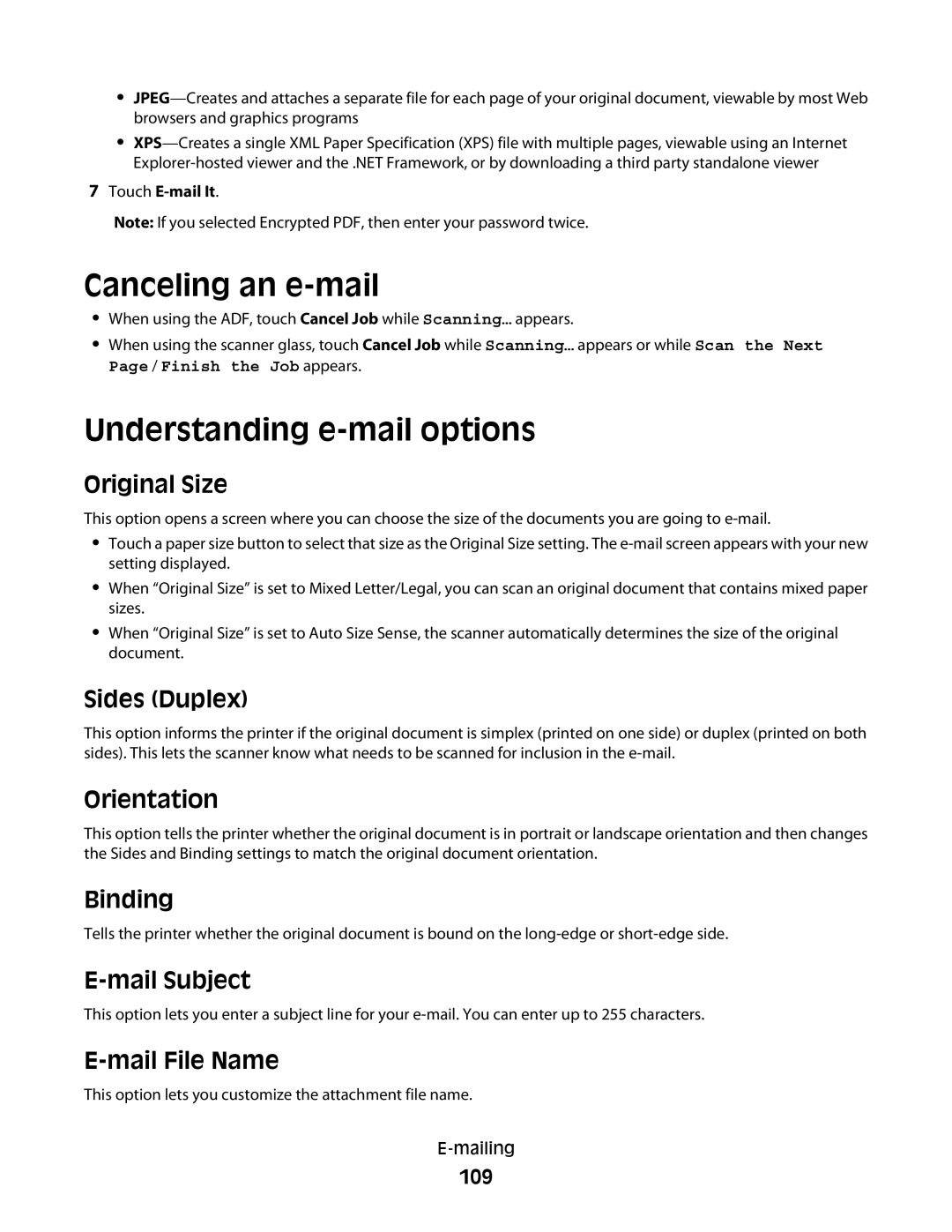 Lexmark 16M1858, 16M1994, 16M1985, 90T7250, X658dtfe, X658dtme, X658dfe Canceling an e-mail, Understanding e-mail options 