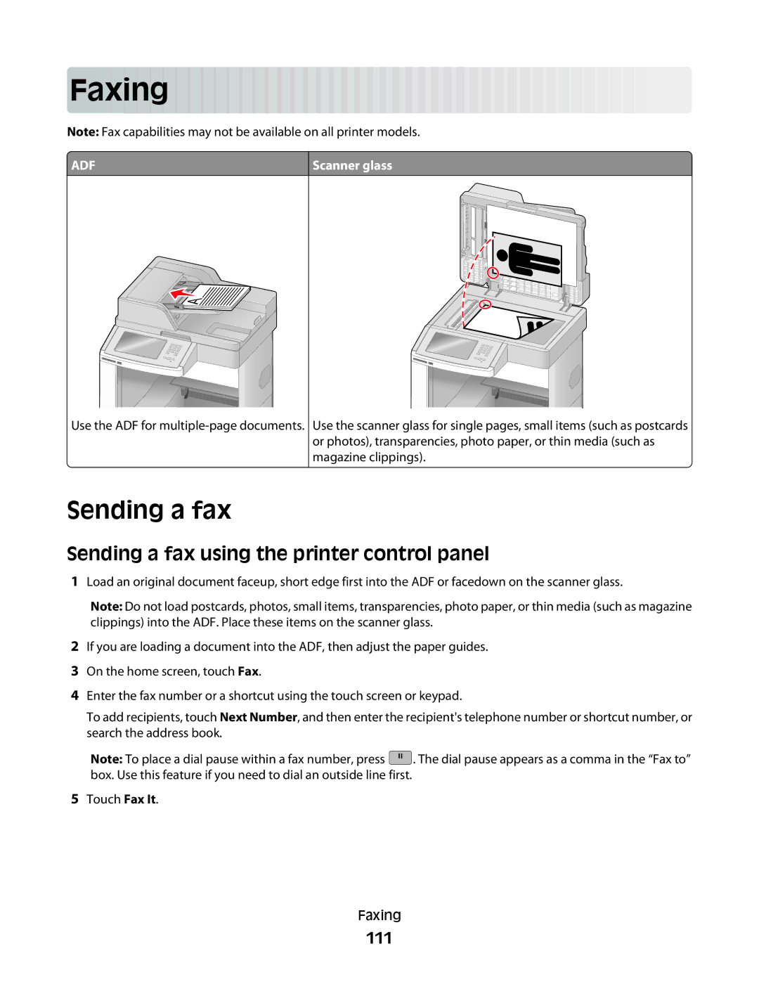 Lexmark 16M1844, 16M1994, 16M1985, 90T7250, X658dtfe, X656de Faxing, Sending a fax using the printer control panel, 111 