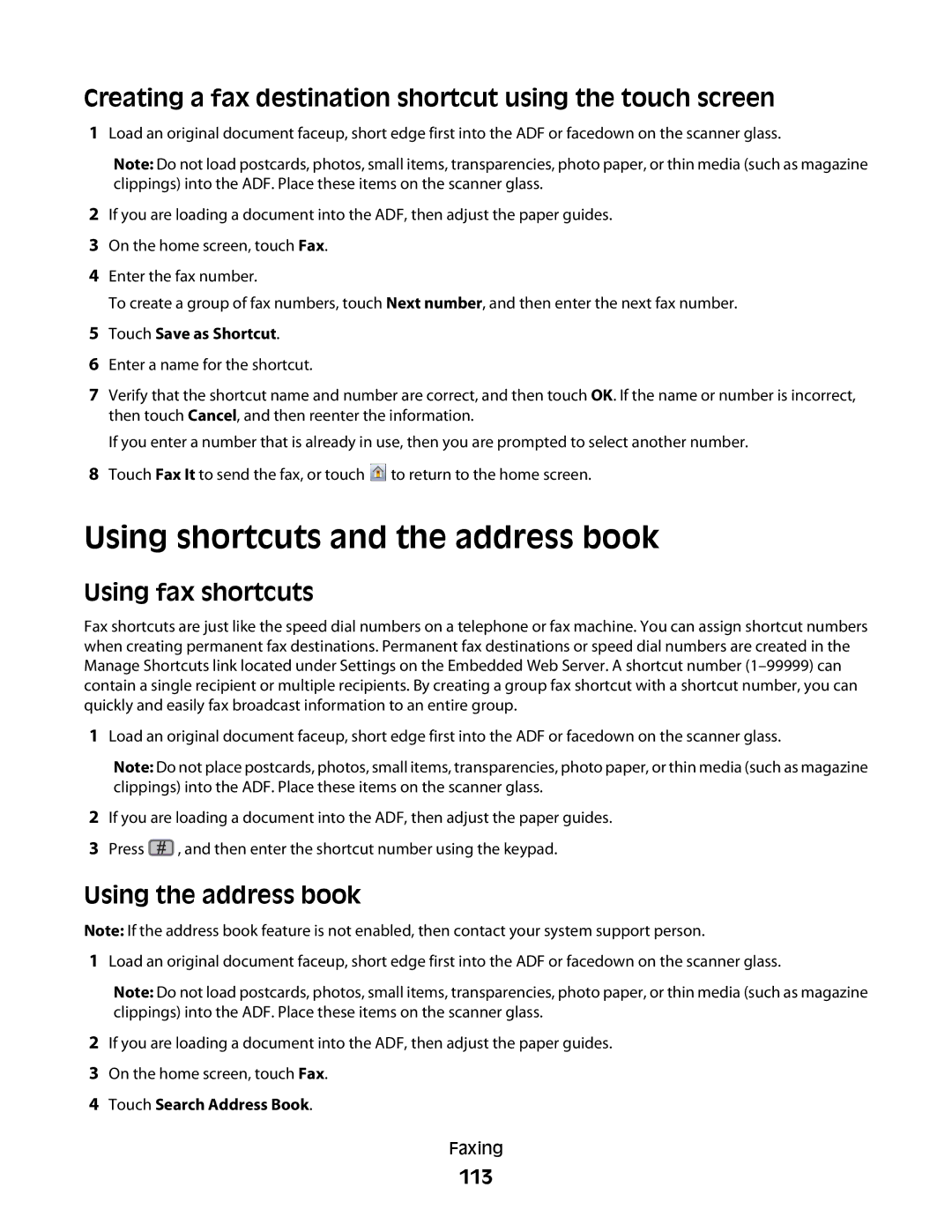 Lexmark 16M1840, 16M1994, 16M1985 Using shortcuts and the address book, Using fax shortcuts, Using the address book, 113 