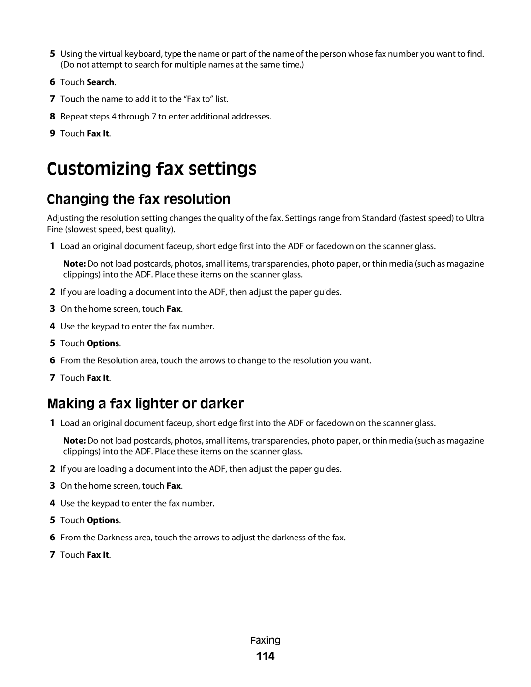 Lexmark 16M1994, 16M1985, X658d Customizing fax settings, Changing the fax resolution, Making a fax lighter or darker, 114 