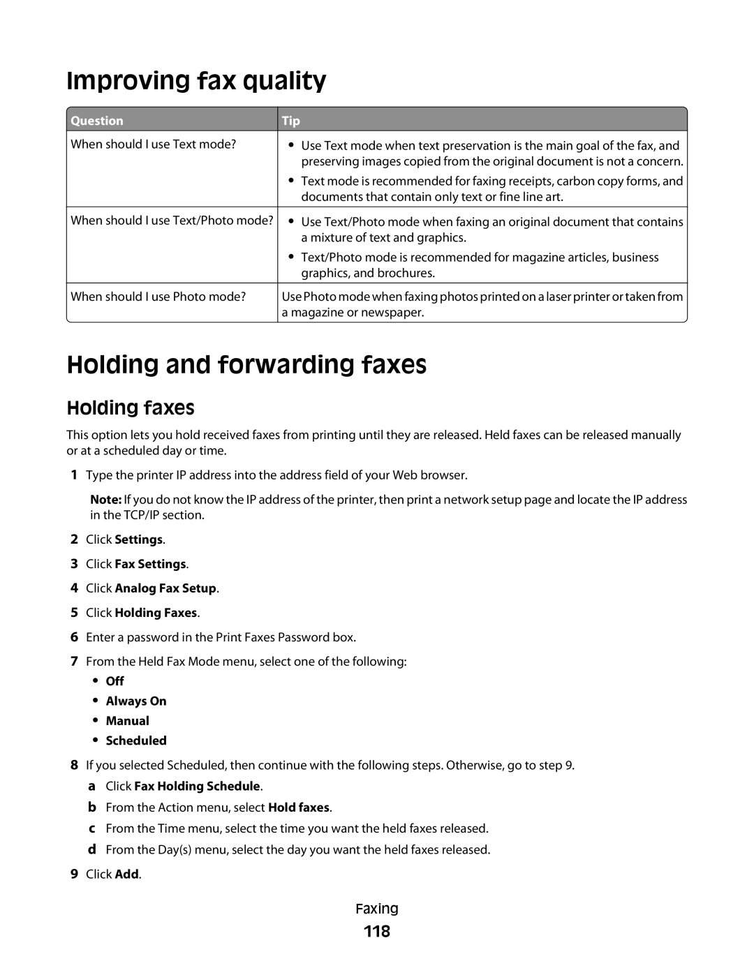 Lexmark X658dtfe Improving fax quality, Holding and forwarding faxes, Holding faxes, 118, Off Always On Manual Scheduled 